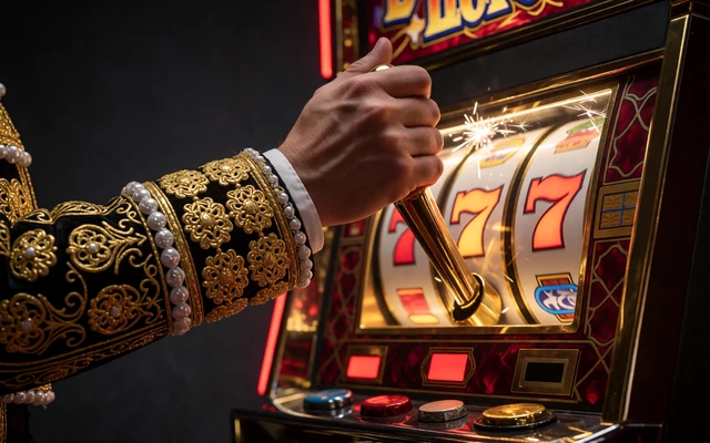 Hand im goldbestickten Matador-&Auml;rmel zieht den goldenen Hebel eines Spielautomaten