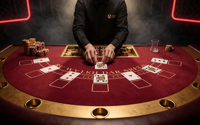 Live-Blackjack-Tisch mit rotem Filz und goldenen Chips im Casina Live Casino