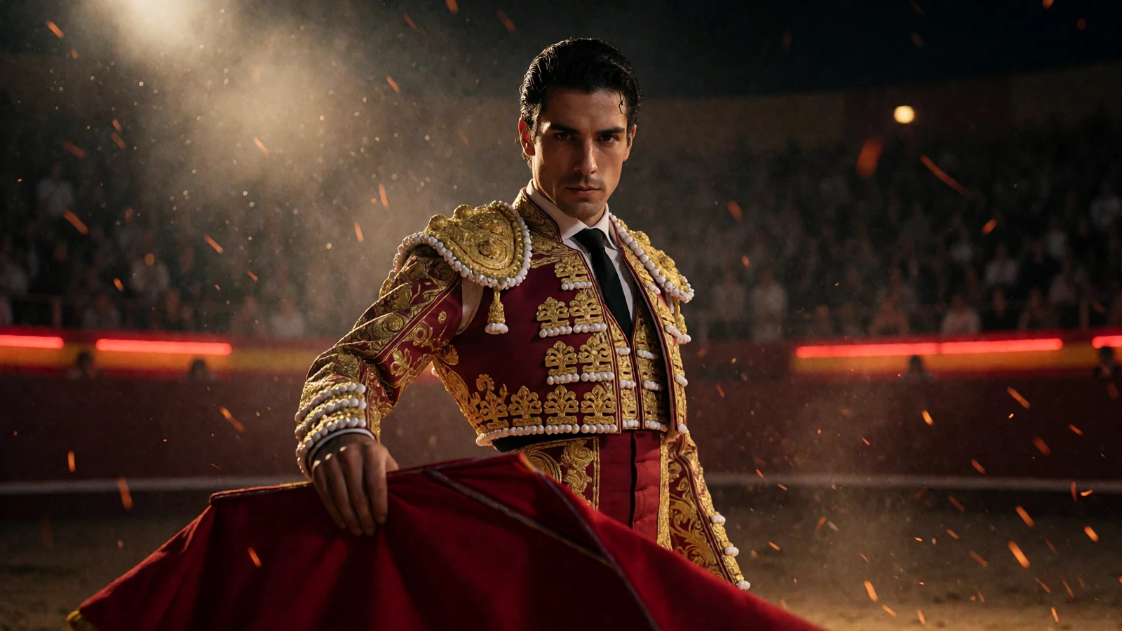 Matador im goldbestickten Traje de Luces mit roter Muleta in der n&auml;chtlichen Arena des Casina Casino