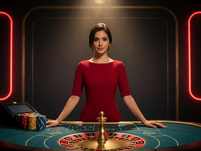 Elegante Dealerin im roten Kleid am Roulette-Tisch des Casina Live Casino Studios