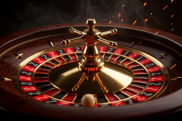 Leuchtendes Live-Roulette-Rad mit rot-goldenen Neonlichtern im Casina Live Casino