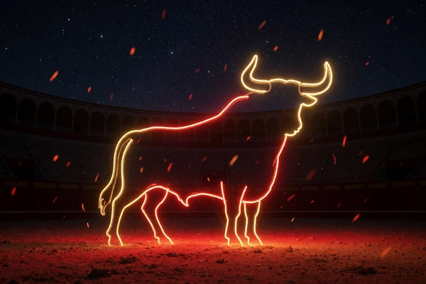 Neon-Stier-Silhouette in Gold und Karmesin &uuml;ber der n&auml;chtlichen Arena