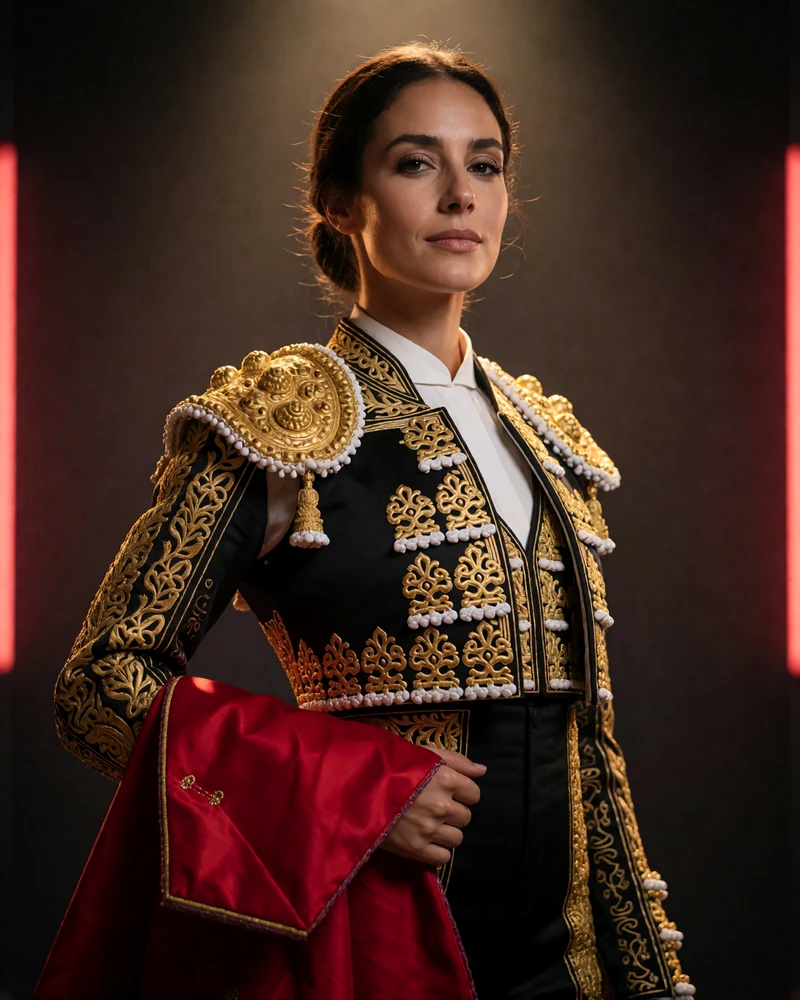 Selbstbewusste Torera in schwarz-goldener Matador-Jacke mit roter Muleta als Symbol f&uuml;r den Casina Casino Willkommensbonus