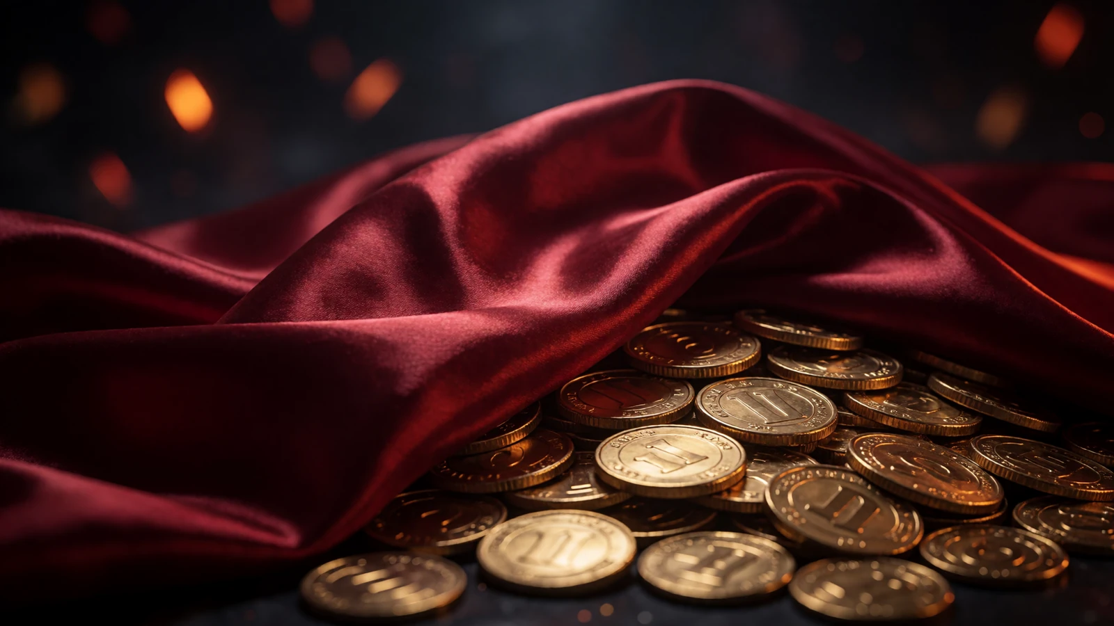 Karmesinroter Seidenstoff &uuml;ber einem Haufen goldener Casino-M&uuml;nzen als Symbol f&uuml;r schnelle Casino Auszahlungen